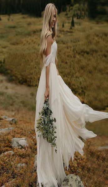 

flowy offshoulder aline long summer wedding dresses ruched skirt boho wedding dress lace appliques chiffon wedding dress5578866, White