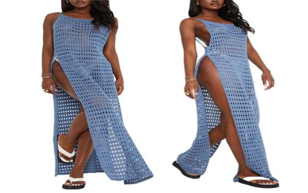 

twopiece suits women039s hollow out long dress sleeveless crochet high split swimsuit cover up dress5737649