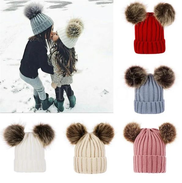 

children baby knitted hats winter knitted solid crochet hat warm soft pom pom beanies double hairball hats outdoor slouchy caps db206, Blue;gray
