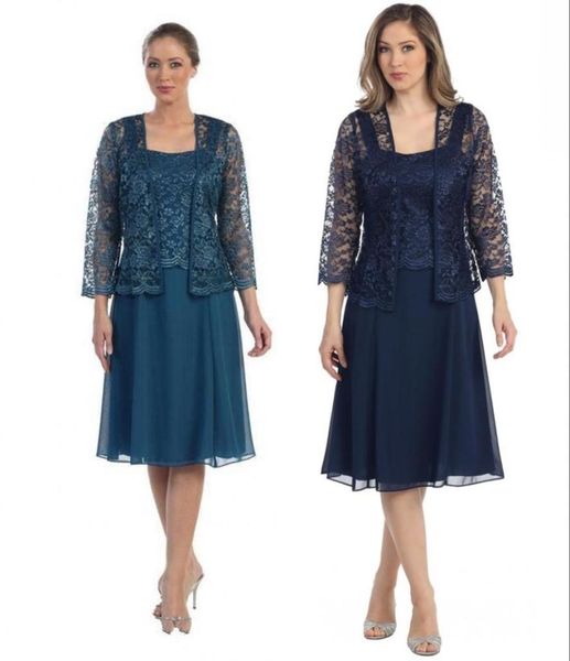 

navy blue chiffon long sleeves mother of the bride dress with jacket formal evening gowns plus size tea length groom mother dresse8071491, Black;red