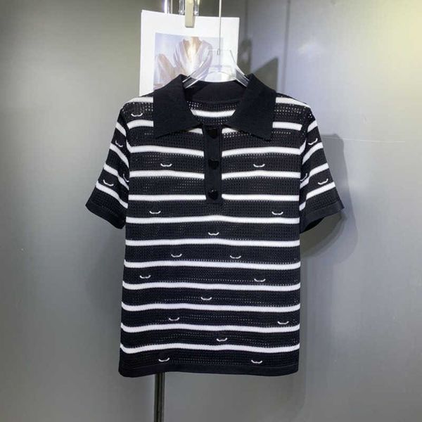 

luxury ice silk knitted polo shirt designer womens clothing breathable stripe short sleeve fashion pullover tee summer hollow tshirt, White