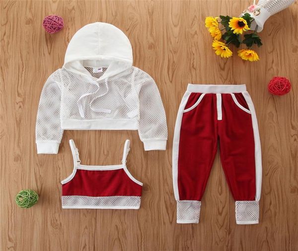 

2020 girls clothing set kids girl hollow mesh coatslingjogging pants track suits sportwear toddler children clothes 3 pieces5355815, White