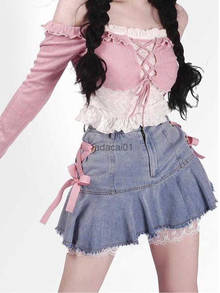 

houzhou kawaii denim mini skirt women gyaru pink bow bandage lace patchwork high waist pleated jean skirt y2k shorts summer l230621, Black