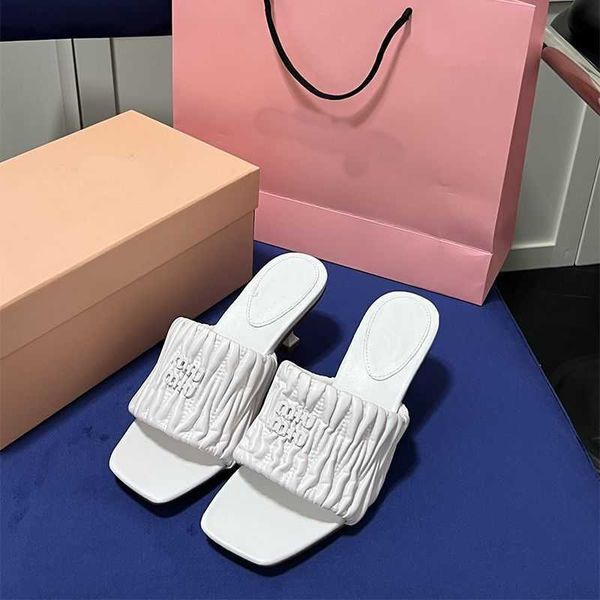 

sandals mius beach shoes women slide sheepskin designer pleated square slippers for women's summer new fashion flat bottom external wea