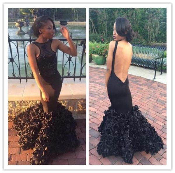 

2017 african black mermaid prom dresses handmade flowers train backless evening celebrity gowns custom made sleeveless8293560