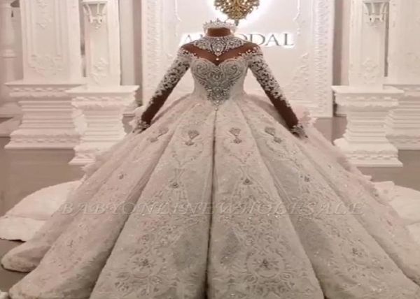 

vintage ball gown wedding dresses 2020 high neck luxury train long sleeves sparkle applique satin bridal gowns4008404, White