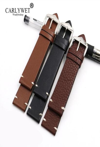 

carlywet 20 22 24mm cowhide smooth vintage leather black brown replacement watch band strap belt with polished buckle9069076