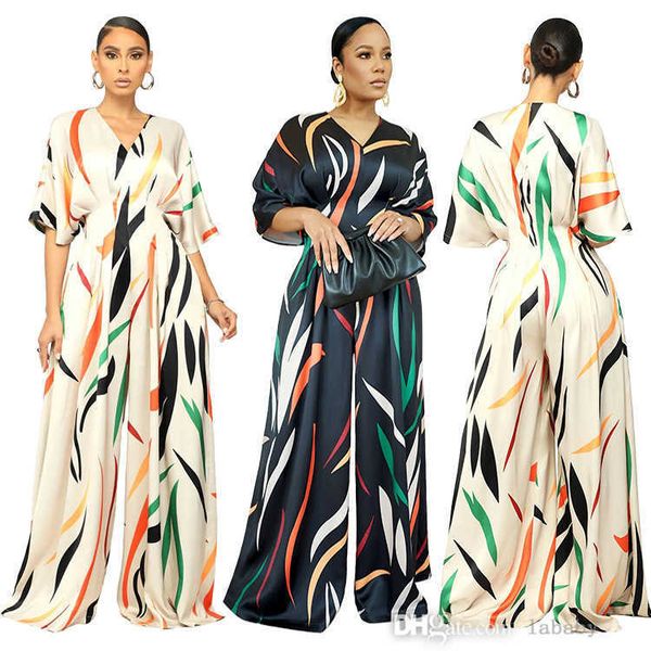 

2023 spring summer jumpsuit printed half sleeve v-neck long pants bodysuit romper clothing fashion jumpsuits for women, Black;white