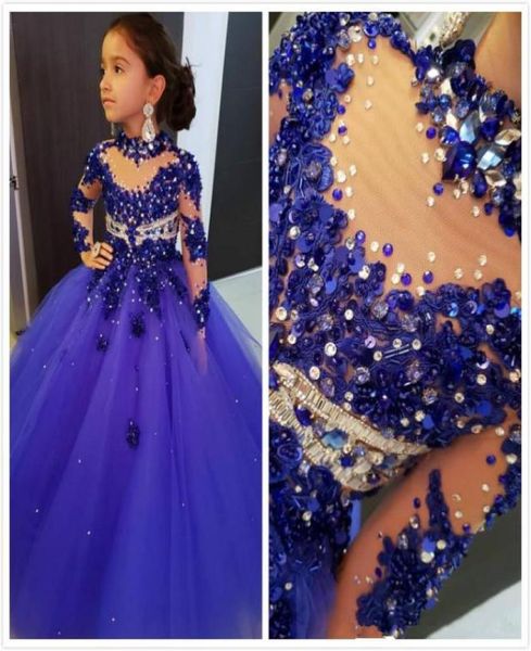 

high neck flower girl dresses for weddings long sleeve royal blue beads girls pageant dresses floor length kids birthday communion5994135, White;red