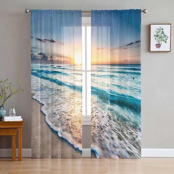 

dresses blue sea waves sunset sunshine sheer curtains for living room bedroom kitchen tulle for windows voile yarn curtains for bedroom, White;black