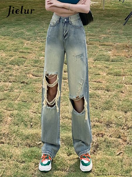 

women s jeans jielur holes slim fashion women loose straight full length female wide leg pants summer chic button zipper 230628, Blue