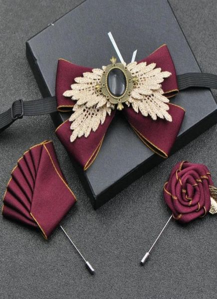 

bow ties men business necktie wedding party alloy pins brooches tie set elastic band strap handkerchief pocket square ribbon bowti3756963, Black;gray