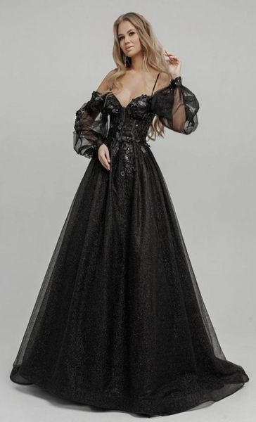 

2021 black gothic wedding dresses gowns off the shoulder long sleeves sequins tulle sparkle goth bridal robes with color non white8965514, White