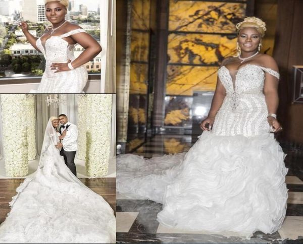 

plus size mermaid wedding dresses with beads sequins sweetheart off shoulder ruffles african mermaid back lace up custom made brid2477178, White