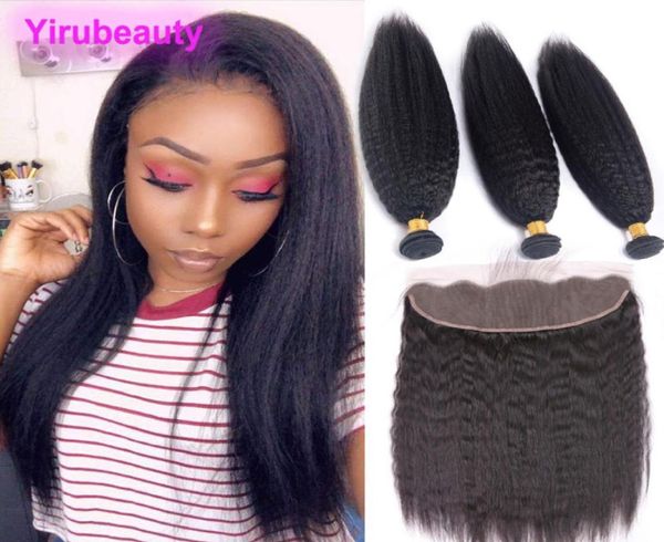 

indian virgin raw hair kinky straight 3 bundles with lace frontal 13 by 4 lace size human hair extensions 13x4 frontals3045579, Black;brown