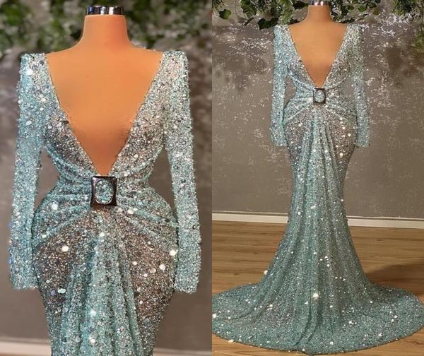 

light blue sparkly sequined mermaid evening dresses african bling bling v neck long sleeve party gowns aso ebi prom dress4833911, Black;red