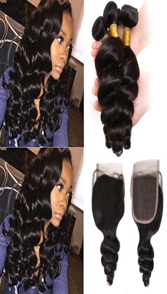 

4x4 loose wave silk closure with bundles 100 human hair virgin mongolian wavy human hair no shedding7766076, Black;brown