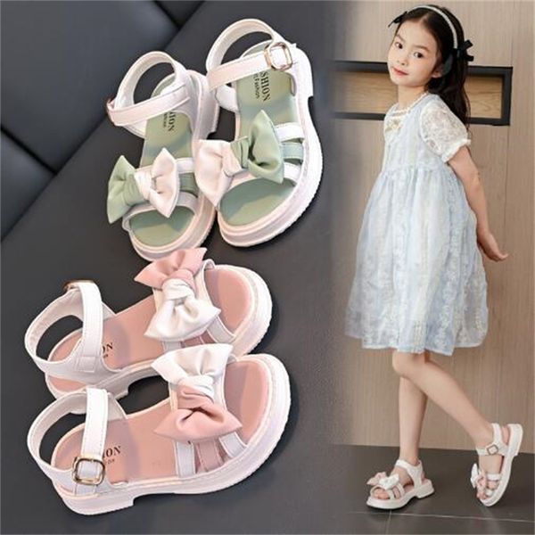 

girls' shoes children's princess sandals 2023 new summer spell color bow premium soft pu leather children's sandals soft sole, Black;red