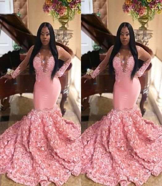 

gorgeous illusion long sleeve v neck mermaid prom party dresses pink satin applique evening gowns with hand made flowers2691616, Black