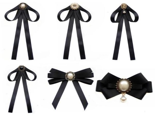 

imitation pearl ribbon brooches pin bow tie vintage pretied collar jewelry bowknot shirt necktie clip for women girls4032700, Black;gray