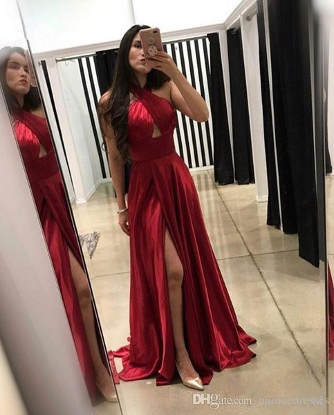 

halter dark red aline prom dresses evening gowns slit party dress formal simple bridesmaid dress8530690, Black