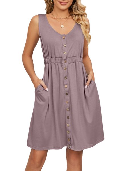 

women sleeveless round neck pockets medium dress, Black;gray