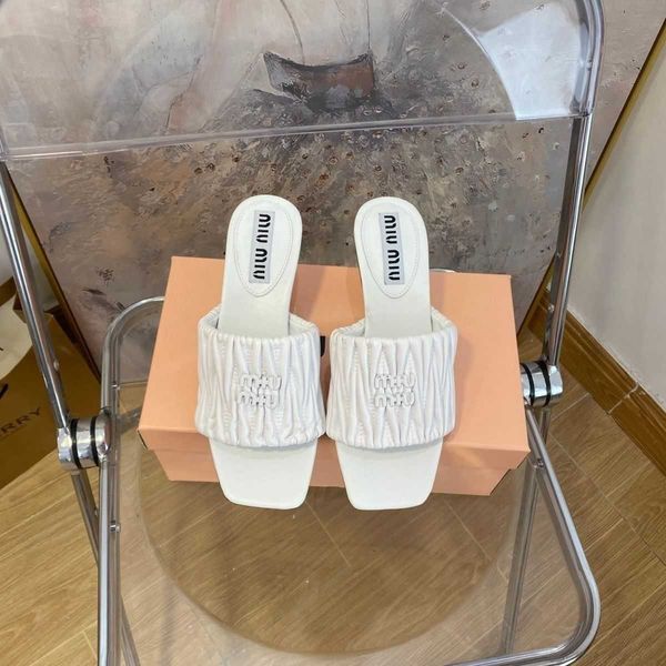 

designer mius beach sandals shoes women sheepskin slide pleated square slippers for women's summer new fashion flat bottom external wea