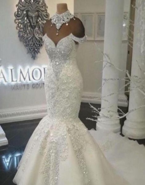

bridal gowns custom made luxury dubai arabic mermaid wedding dresses plus size beading crystals court train robe de mariee vestido5086296, White