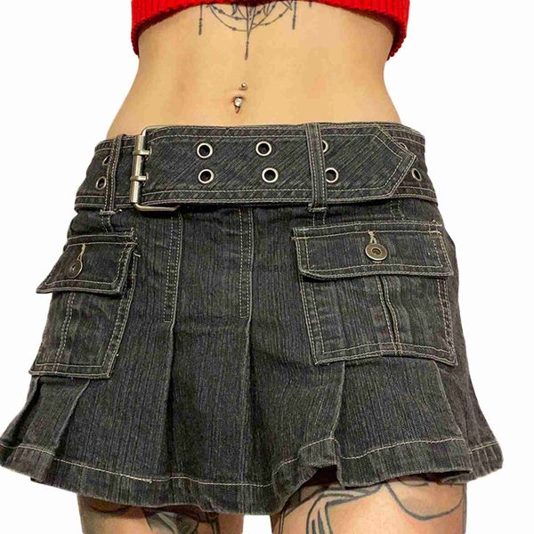 

women's spring summer y2k aesthetics low waist mini denim skirt solid color pleated multipocket skirt with belt 2000s club wear l230621, Black