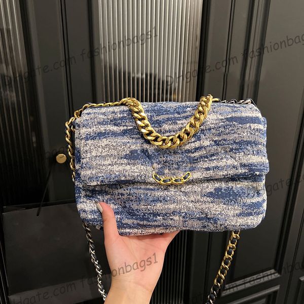 

22p f/w italy womens blue sky tweed 19 single flap quilted bags large capacity gold chain totes gold/silver two-tone crossbody shoulder purs