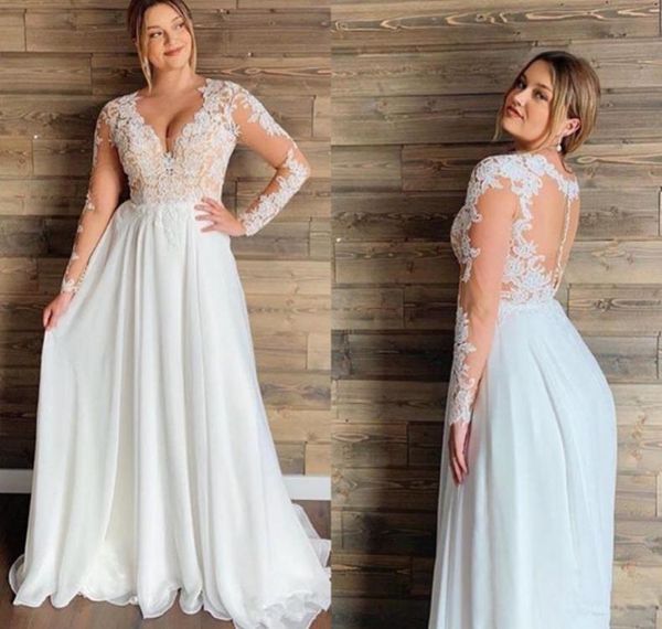 

vintage v neck plus size wedding dresses bridal gowns long illusion sleeves applique hollow backl lace wedding reception dress boh7397596, White