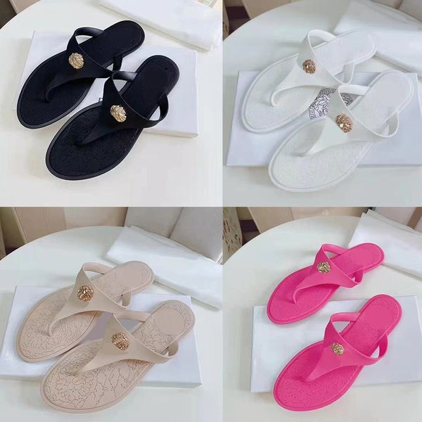 

designer slippers women slipper flat sandal brand jelly slide hollowed out sandal beach flip flop metal decoration printing sole shoe flatfo, Black