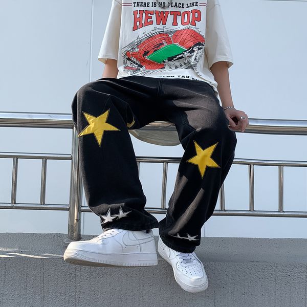 

men s jeans high street ins trendy brand five pointed star men s loose straight design sense pants plus size 230629, Blue