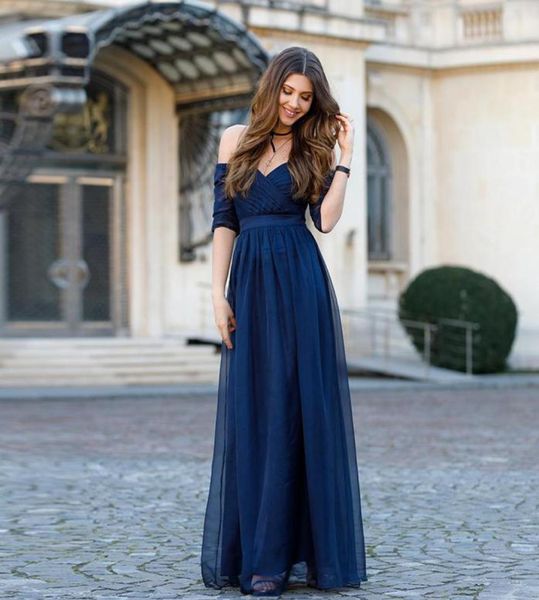 

navy blue a line chiffon bridesmaids dresses v neck off the shoulder wedding guest dress with sleeve pleat women039s special oc3031030, White;pink