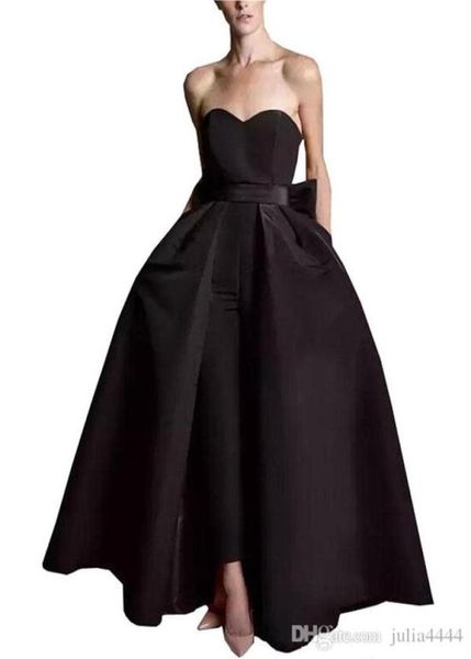 

sell women jumpsuit evening dresses plus size 2019 satin bow strapless prom dress detachable skirt pantsuit formal party gowns4447240, Black