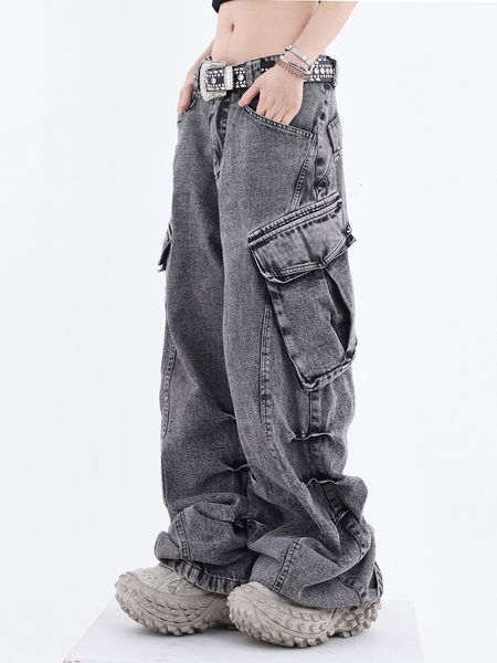 

women s jeans cargo pant high street vintage washed waisted woman casual wide leg baggy clothing 230628, Blue
