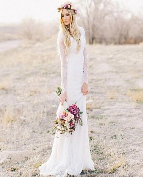 

2019 bohemian lace wedding dress sheath vneck long sleeves sweep train beach garden chic bridal dresses for winter fall uk style6405445, White
