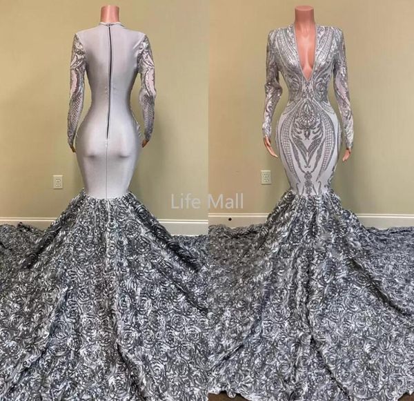 

silver african girls long prom dresses 2022 mermaid v neck full sleeve 3d flowers train women formal party evening gown dd7333054, Black