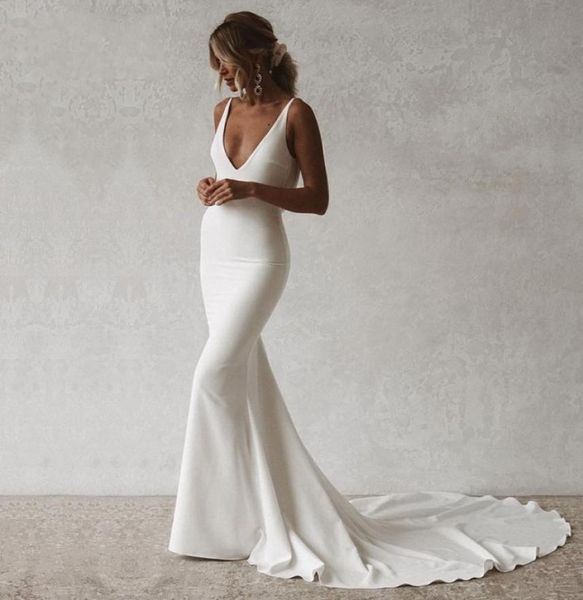 

mermaid bride dresses boho vneck open back elastic wedding gown simple long train buttons bridal dress 20218733069, White