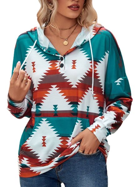 

womens long sleeve printed geometric hooded pocket sweatshirts, Black