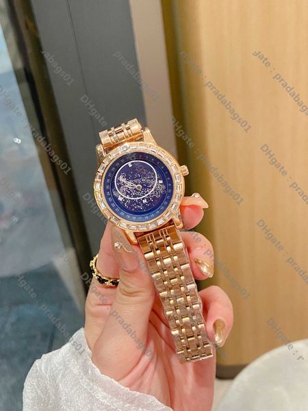 

watch rotating star river diamond dial women's watch quartz fashion versatile, Slivery;golden