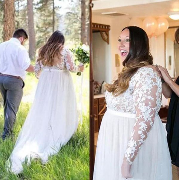 

plus size wedding dresses illusion bodice long sleeve lace chiffon sheer neck transparent back elegant bridal gowns custom made, White