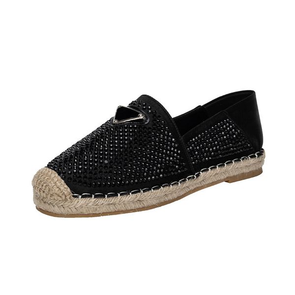 

crystal embellished espadrilles womens designer casual shoes luxury girls triangle buckle loafer slip ballet flats beach slides straw slippe, Black