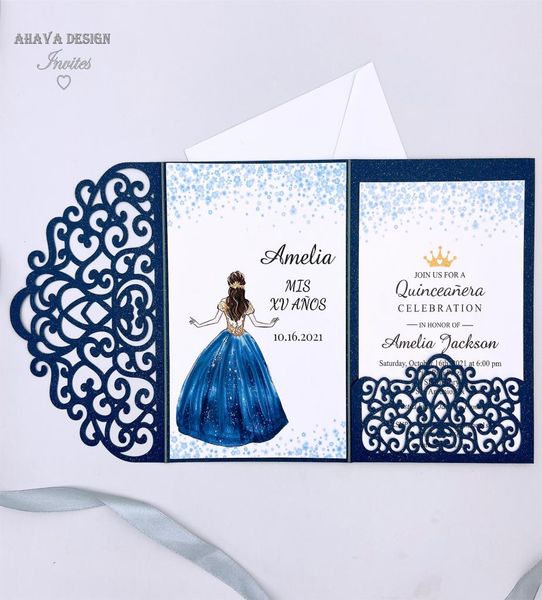 

navy floral birthday laser cut invitation quinceanera invite sweet 16 invites with envelope infinite design before pay7370744, Black