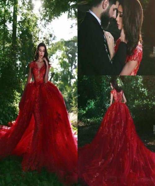 

2018 charming red arabic dubai evening dress with overskirt sheer neck applique celebrity pageant formal holiday wear prom party g8989010, Black;red