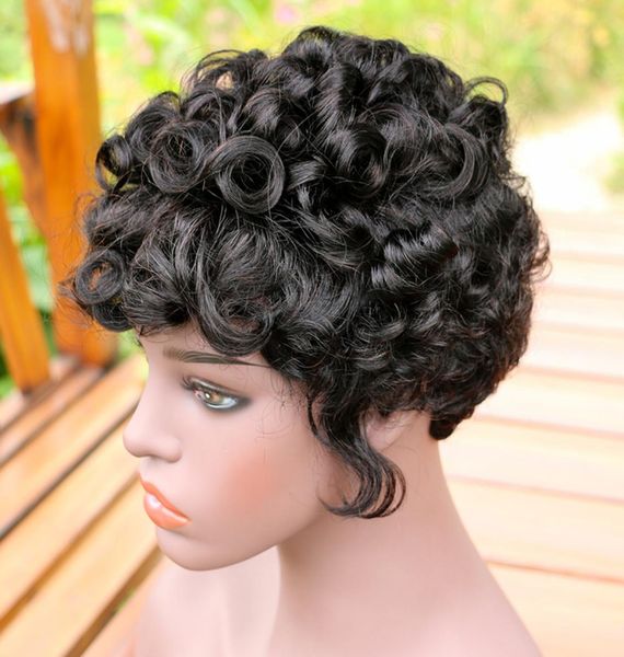 

short curly bob wig natural human hair brazilian remy pixie cut wigs for black women charming curly machine made wig non lace with6603968, Black;brown