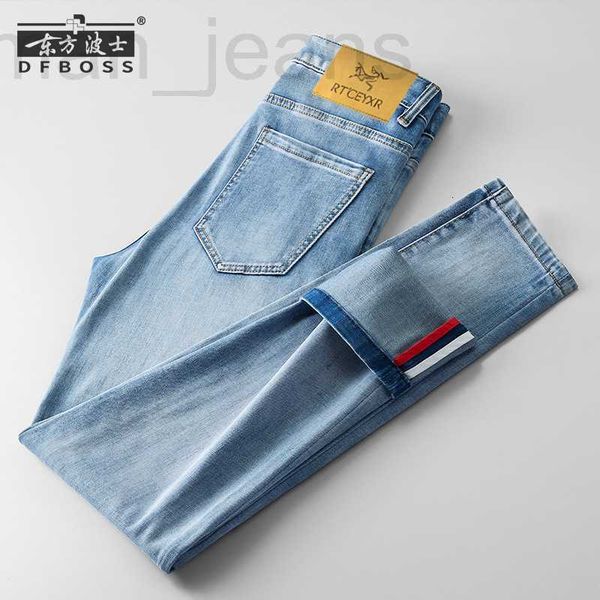 

men's jeans designer luxury summer thin high-end washing elastic jeans for men slim fit small straight casual pants vatj, Blue