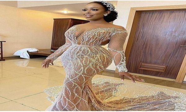 

sparkly arabic beaded mermaid prom dresses long sleeve appliqued sequined evening dress sheer jewel neck party second reception go4465432, Black