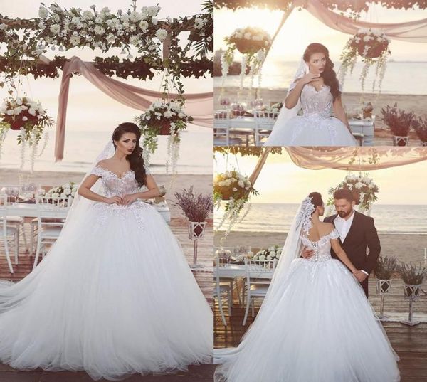 

off the shoulder v neck lace appliques ball gown wedding dresses 2021 bride gowns lace up back court train5426344, White