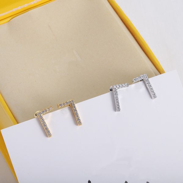 

luxury designer small f diamond stud 316l stainless steel 18k gold silver women letter logo engrave earrings girls wedding jewelry, Golden;silver